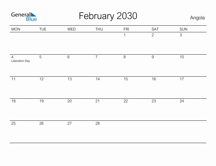 Printable February 2030 Calendar for Angola