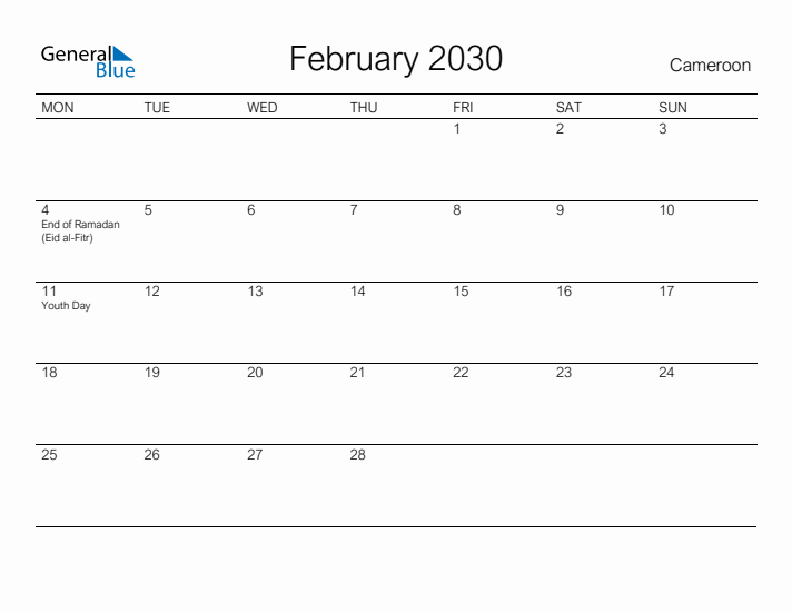 Printable February 2030 Calendar for Cameroon