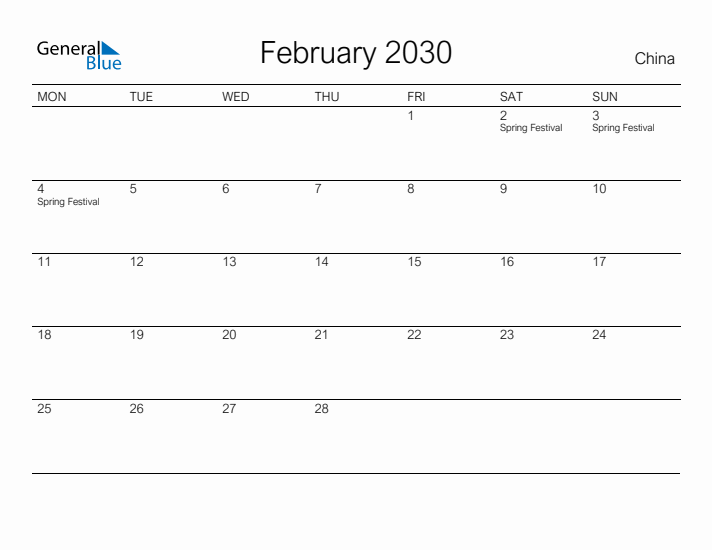 Printable February 2030 Calendar for China