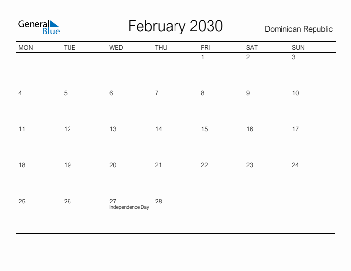 Printable February 2030 Calendar for Dominican Republic