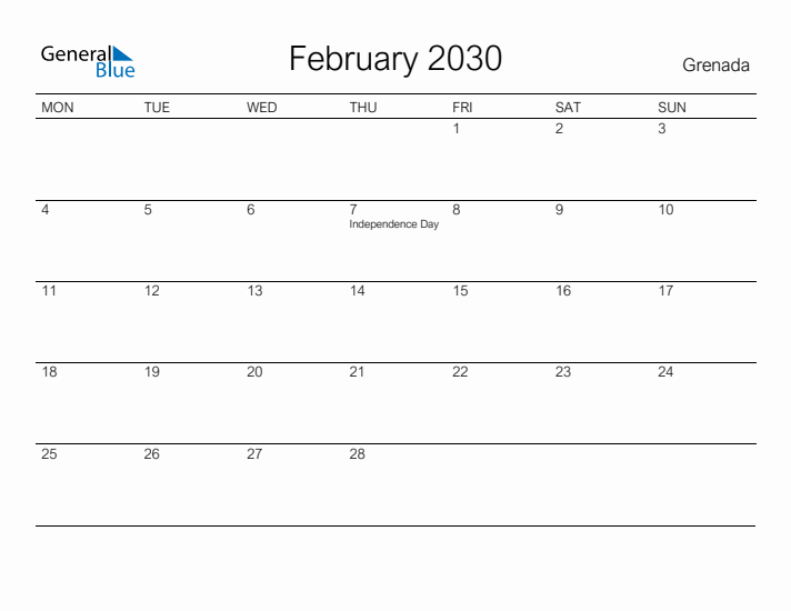 Printable February 2030 Calendar for Grenada