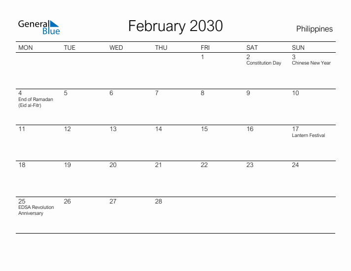 Printable February 2030 Calendar for Philippines