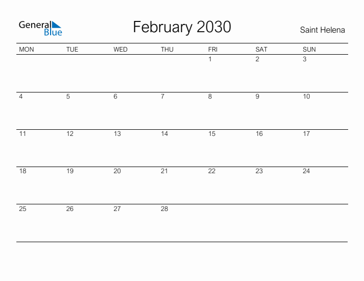 Printable February 2030 Calendar for Saint Helena