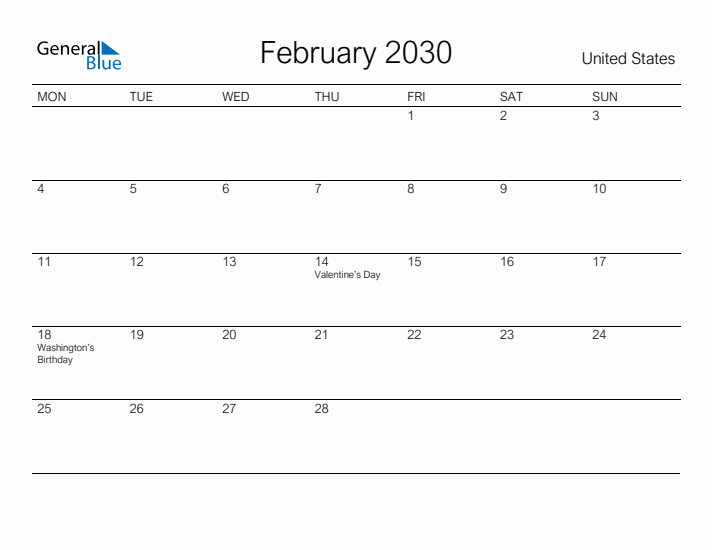 Printable February 2030 Calendar for United States