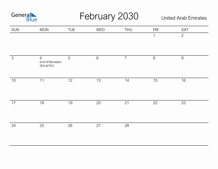 Printable February 2030 Calendar for United Arab Emirates