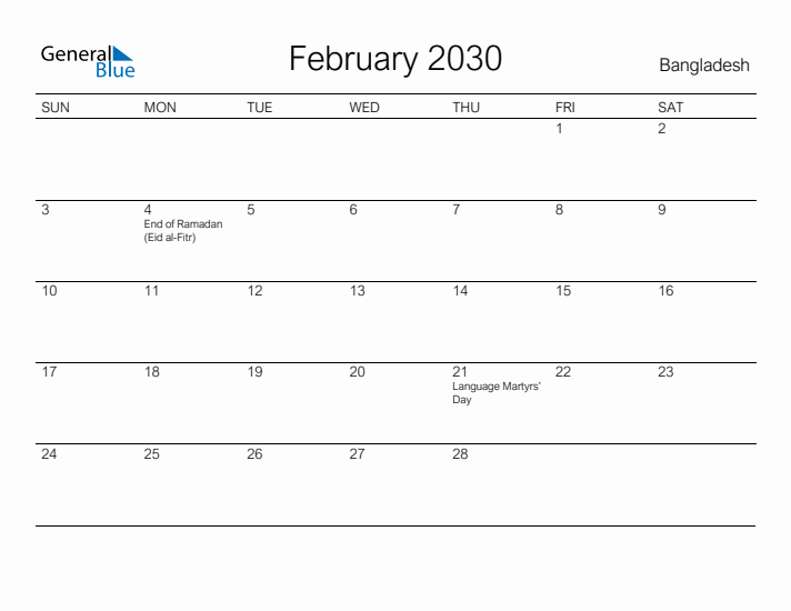 Printable February 2030 Calendar for Bangladesh