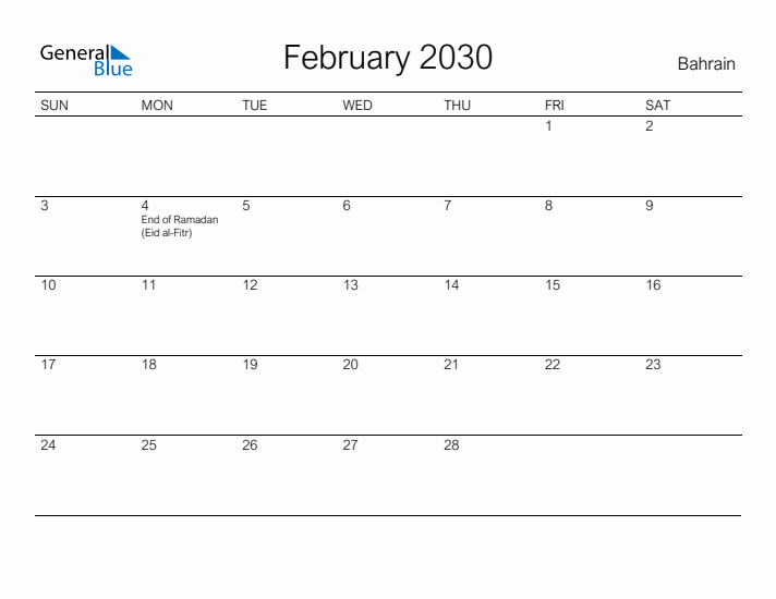 Printable February 2030 Calendar for Bahrain