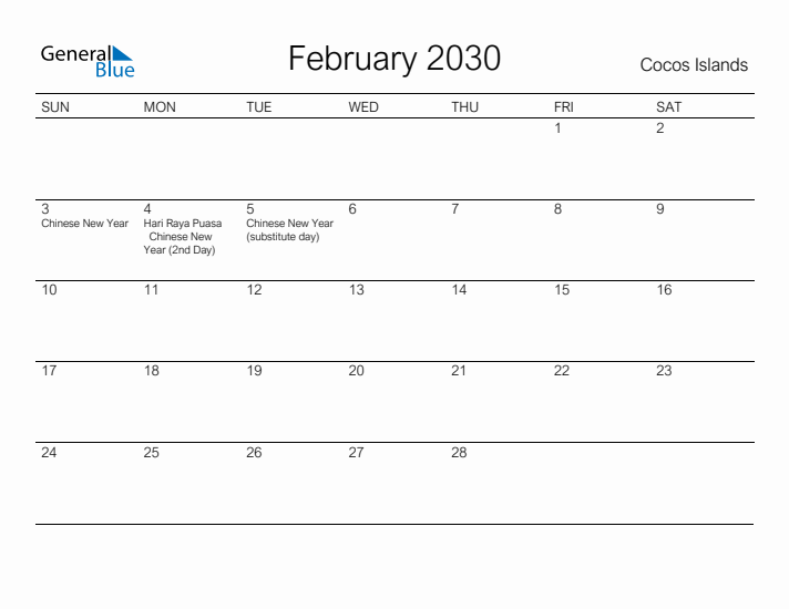 Printable February 2030 Calendar for Cocos Islands