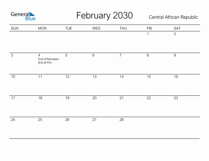 Printable February 2030 Calendar for Central African Republic