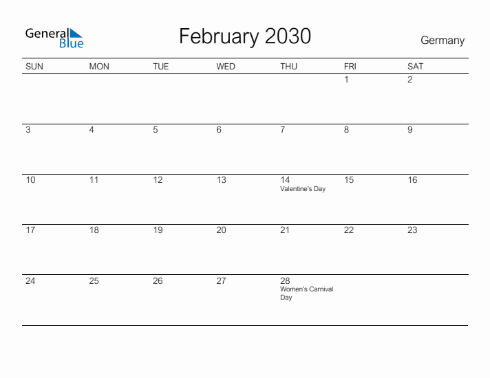 Printable February 2030 Calendar for Germany