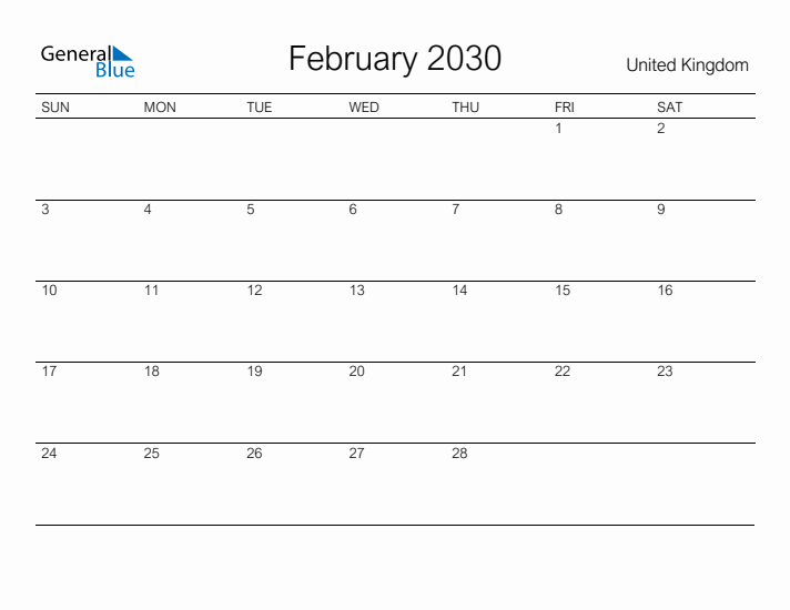 Printable February 2030 Calendar for United Kingdom