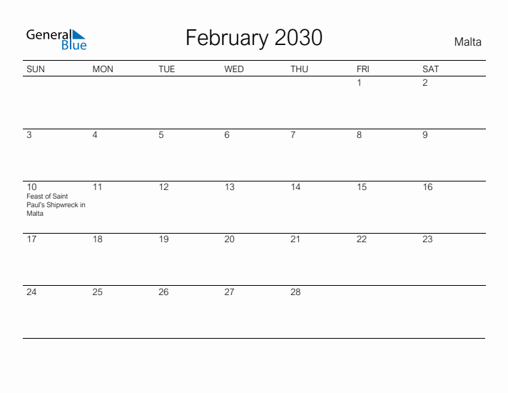 Printable February 2030 Calendar for Malta