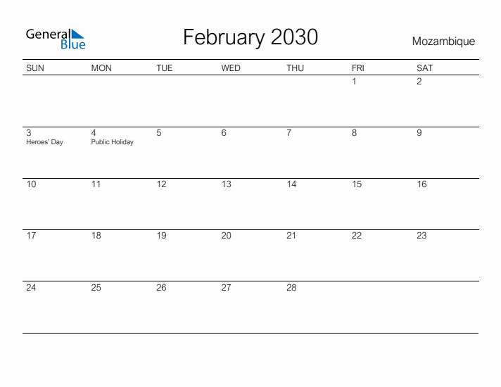 Printable February 2030 Calendar for Mozambique