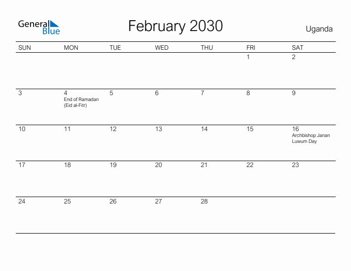 Printable February 2030 Calendar for Uganda