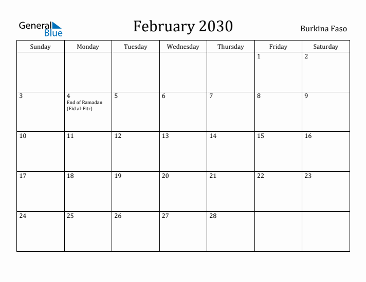 February 2030 Calendar Burkina Faso