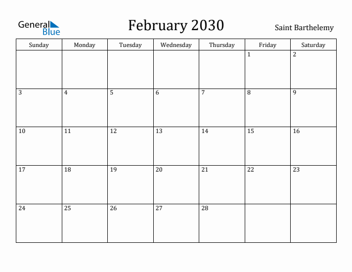 February 2030 Calendar Saint Barthelemy