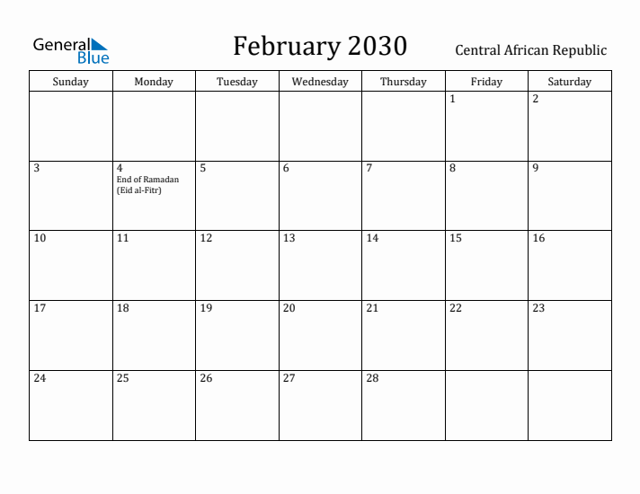 February 2030 Calendar Central African Republic