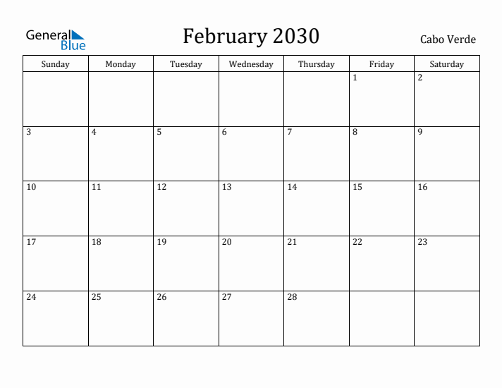 February 2030 Calendar Cabo Verde