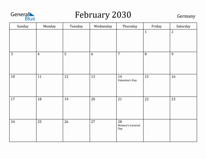 February 2030 Calendar Germany