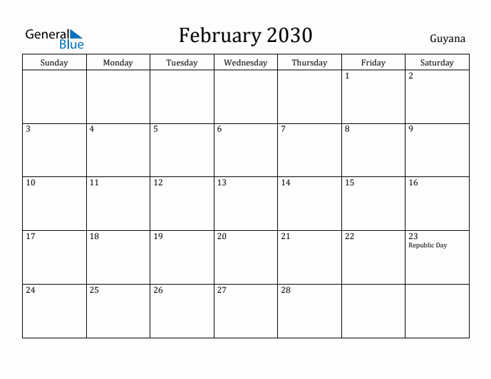 February 2030 Calendar Guyana