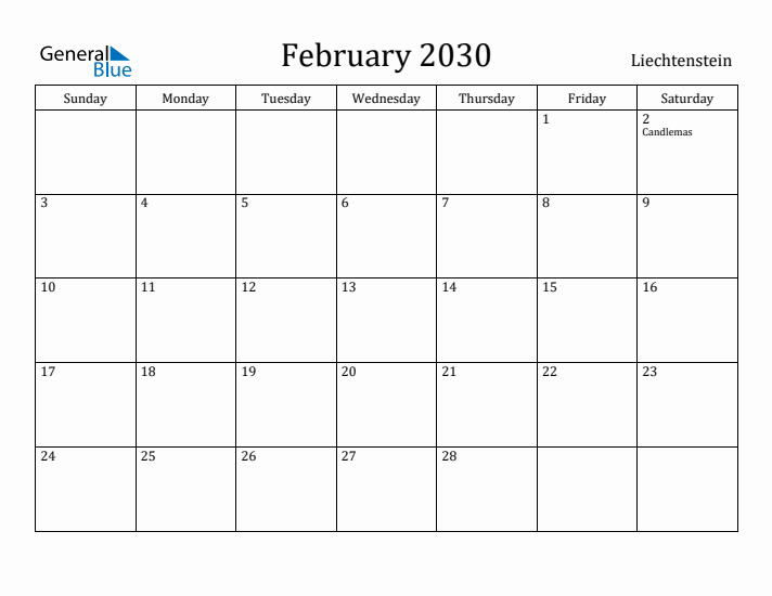 February 2030 Calendar Liechtenstein