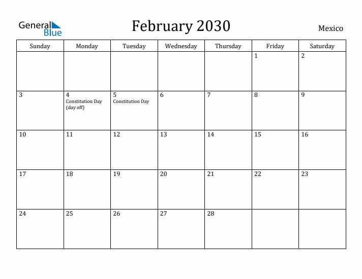 February 2030 Calendar Mexico