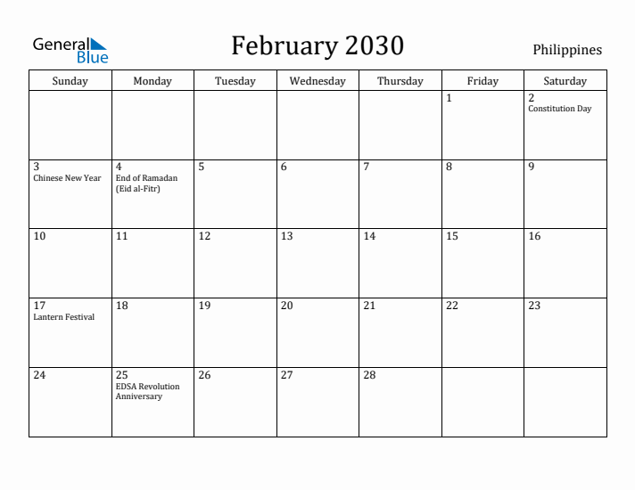 February 2030 Calendar Philippines