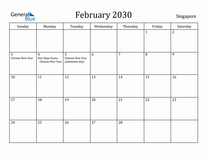 February 2030 Calendar Singapore