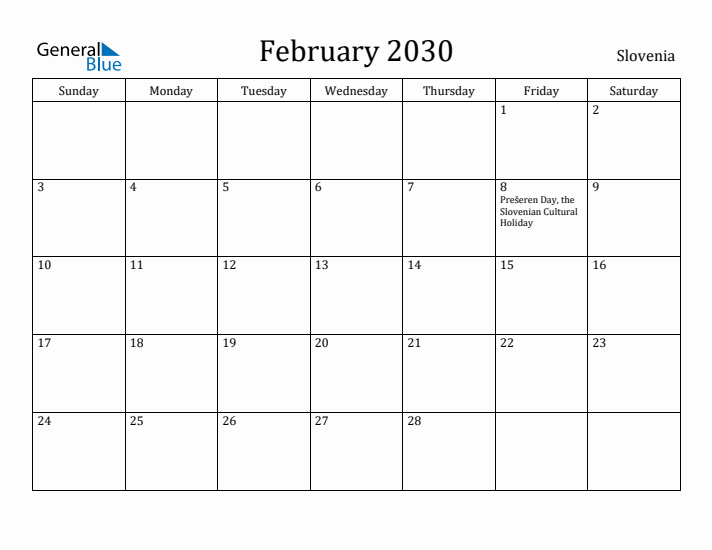 February 2030 Calendar Slovenia