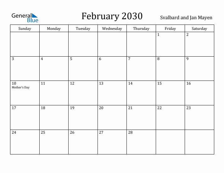 February 2030 Calendar Svalbard and Jan Mayen