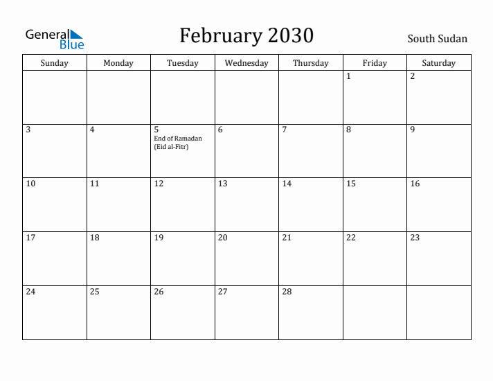 February 2030 Calendar South Sudan