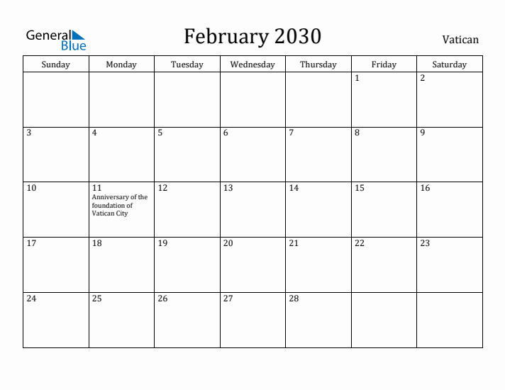 February 2030 Calendar Vatican