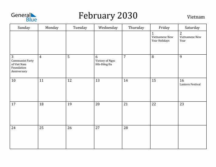 February 2030 Calendar Vietnam