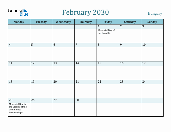 February 2030 Calendar with Holidays