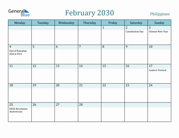 February 2030 Calendar with Holidays