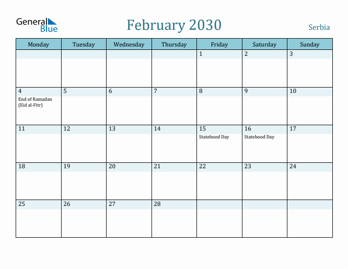 February 2030 Calendar with Holidays