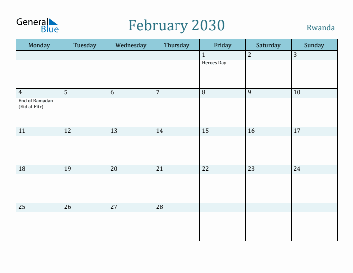 February 2030 Calendar with Holidays