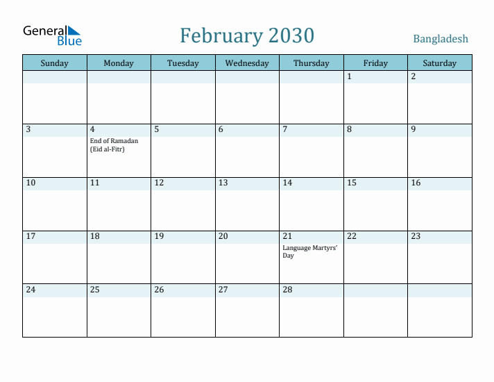 February 2030 Calendar with Holidays