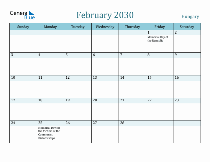 February 2030 Calendar with Holidays