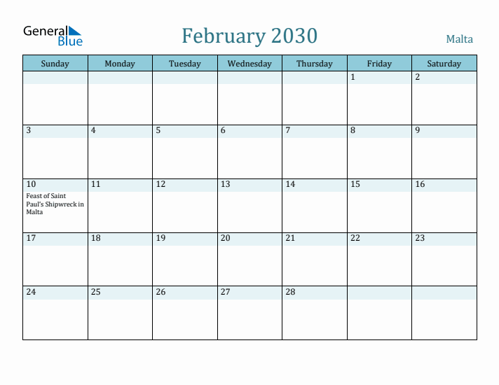 February 2030 Calendar with Holidays