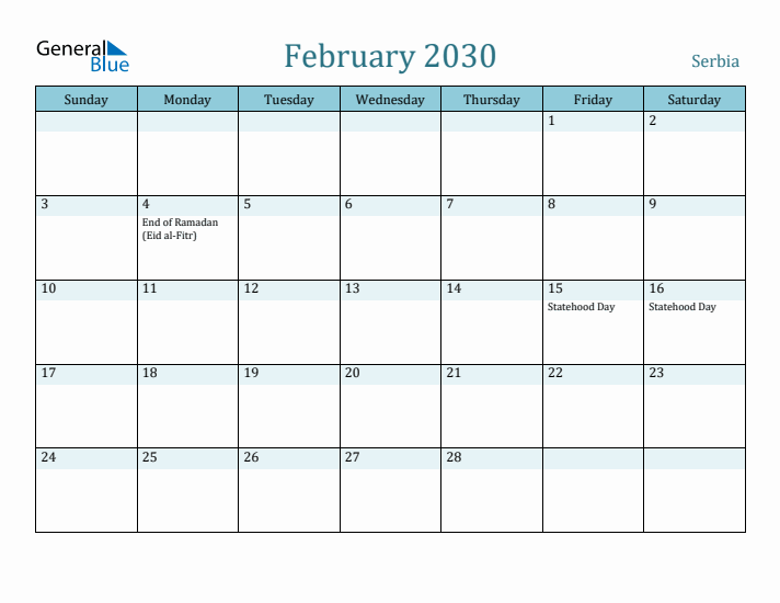 February 2030 Calendar with Holidays