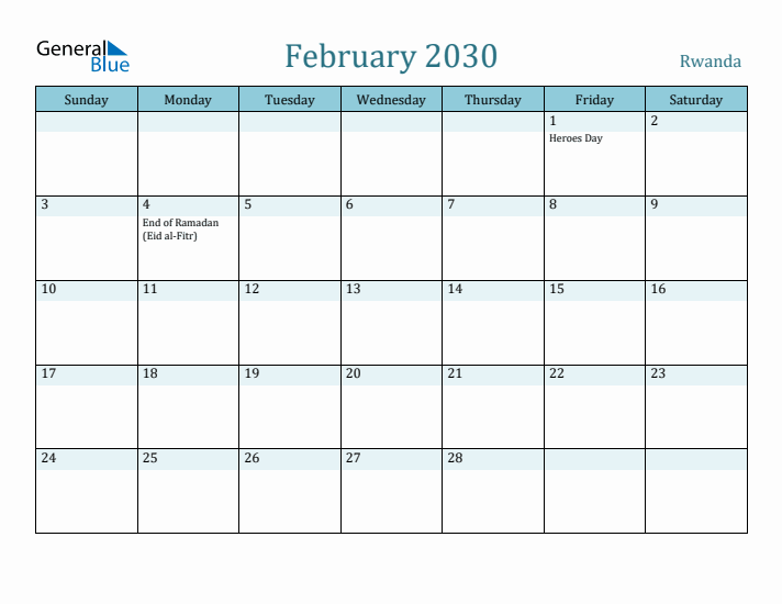 February 2030 Calendar with Holidays