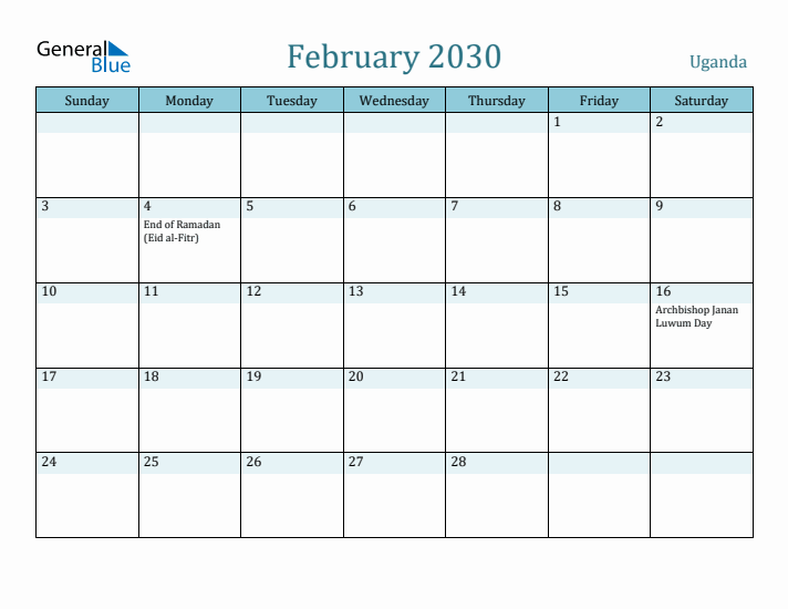 February 2030 Calendar with Holidays