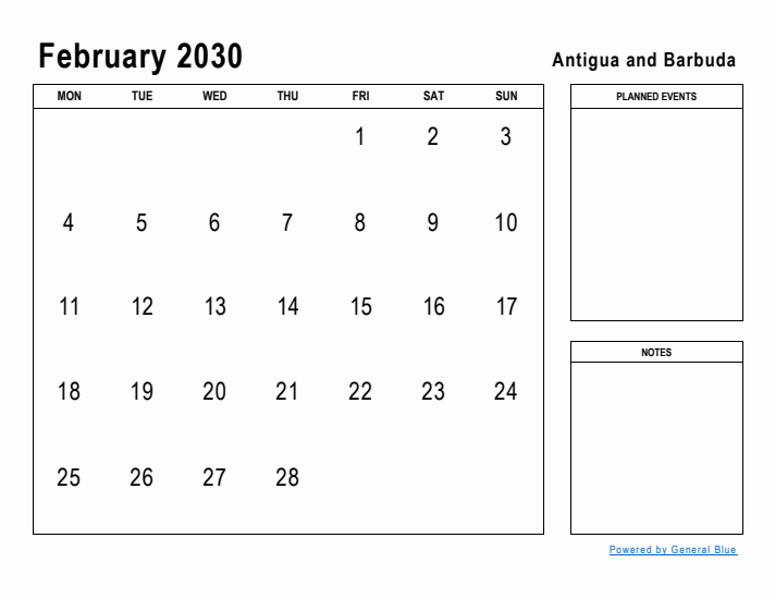 February 2030 Printable Monthly Calendar with Antigua and Barbuda Holidays