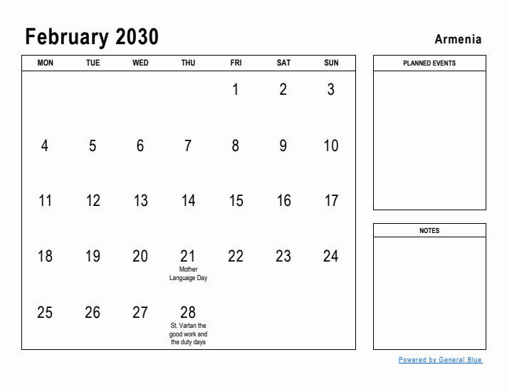 February 2030 Printable Monthly Calendar with Armenia Holidays