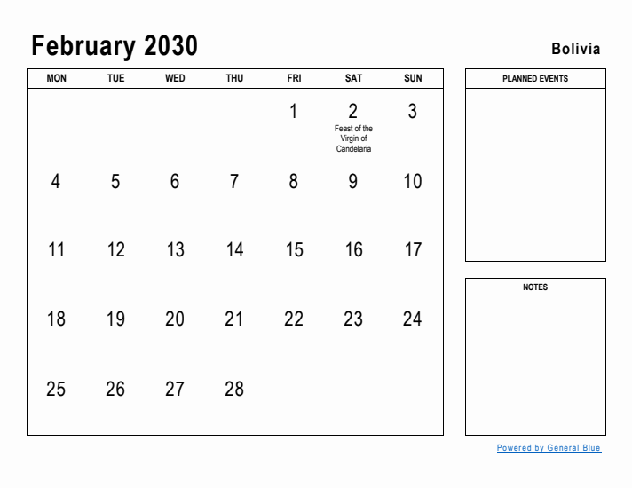 February 2030 Printable Monthly Calendar with Bolivia Holidays