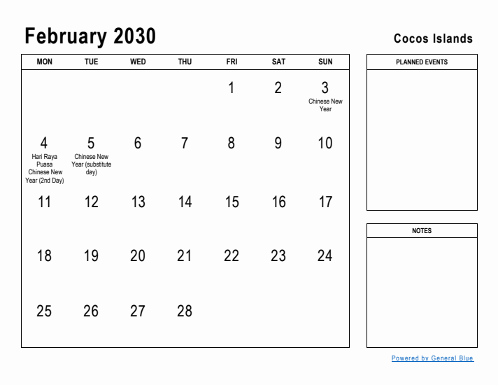 February 2030 Printable Monthly Calendar with Cocos Islands Holidays