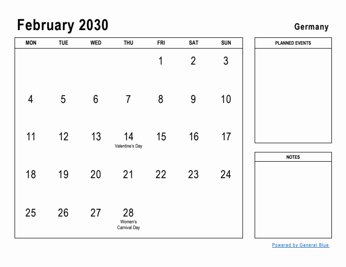 February 2030 Printable Monthly Calendar with Germany Holidays