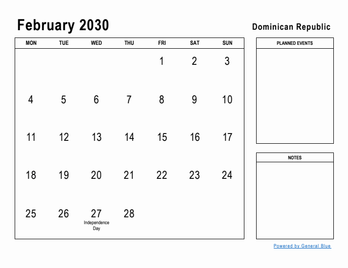 February 2030 Printable Monthly Calendar with Dominican Republic Holidays