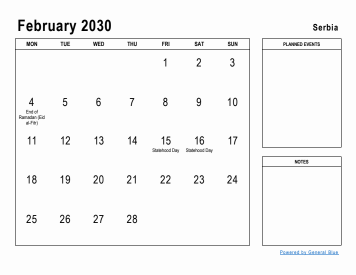 February 2030 Printable Monthly Calendar with Serbia Holidays